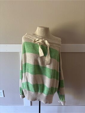 Free People Cream & Mint Striped Off-Shoulder Sweater with Tie Neck